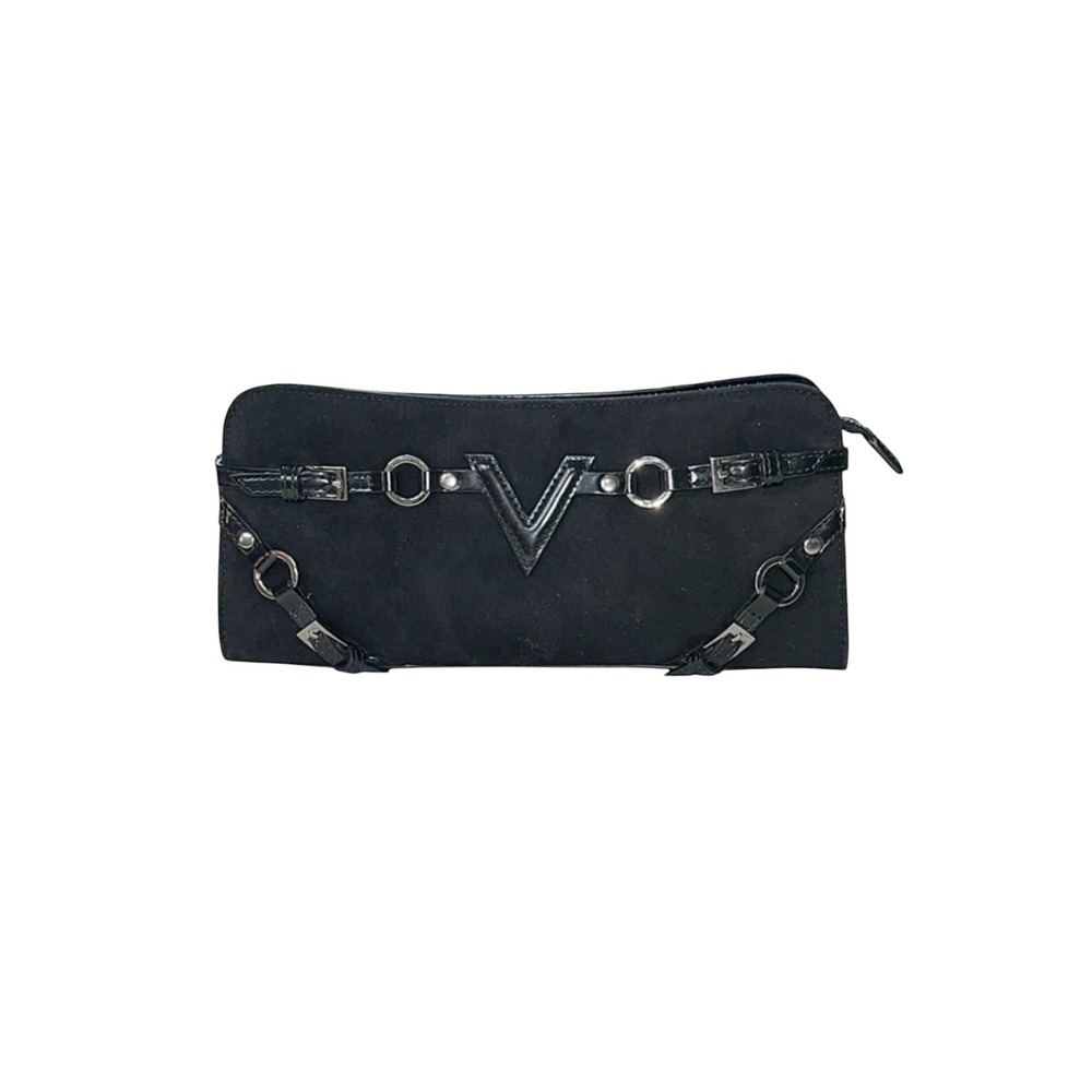 Via Spiga Black Suede Patent Leather Clutch Wristlet V Logo Buckle Bag